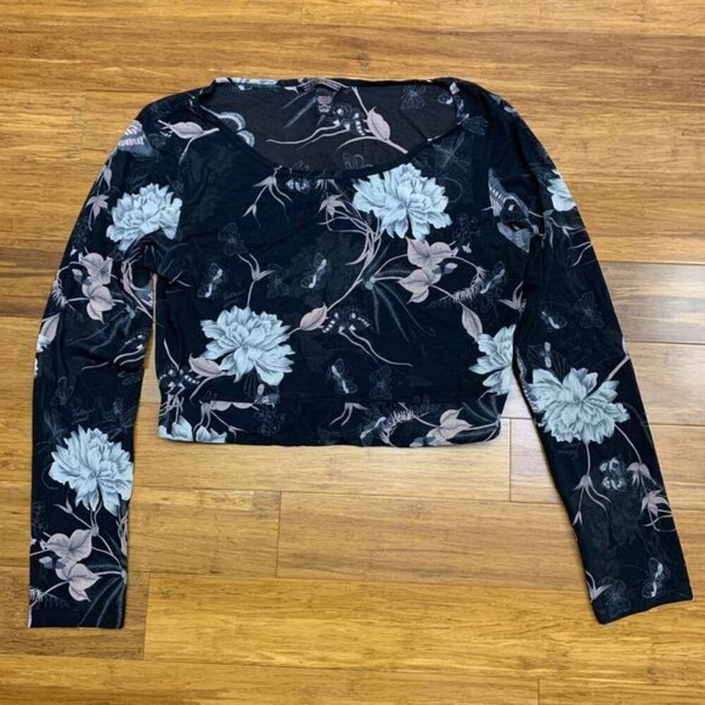 Victoria's Secret Top Womens XL Black Floral Long Sleeve Crop Mesh Semi-Sheer